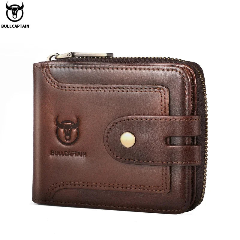 BULLCAPTAIN Men's Genuine Leather Wallet Business Casual RFID Antimagnetic Coin Card Holder Multifunctional Zipper Cash Clip