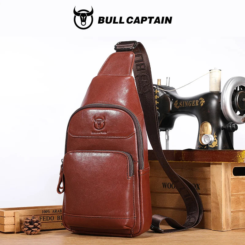 BULLCAPTAIN Men's Genuine Leather Chest Bag Multifunctional 7-inch Mobile Phone Bag Cowhide Casual Retro Shoulder Crossbody Bag