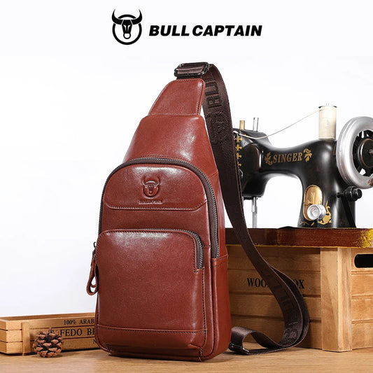 BULLCAPTAIN Men's Genuine Leather Chest Bag Multifunctional 7-inch Mobile Phone Bag Cowhide Casual Retro Shoulder Crossbody Bag