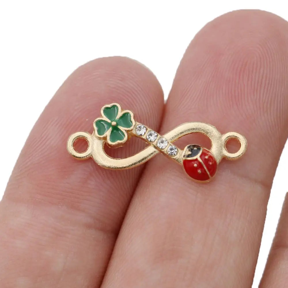 10Pcs Gold Color Crystal Enamel Infinity Beetle Clover Charm Connectors for Jewelry Making Bracelet Accessories DIY Craft