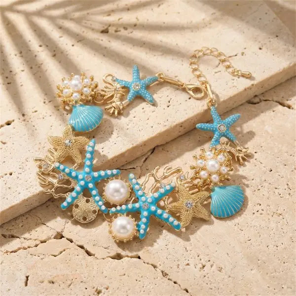 Exaggerated Metal Starfish Shell Pearl Necklace for Women Summer Ocean Coral Scallop Pendant Necklace Boho Beach Jewelry Gift
