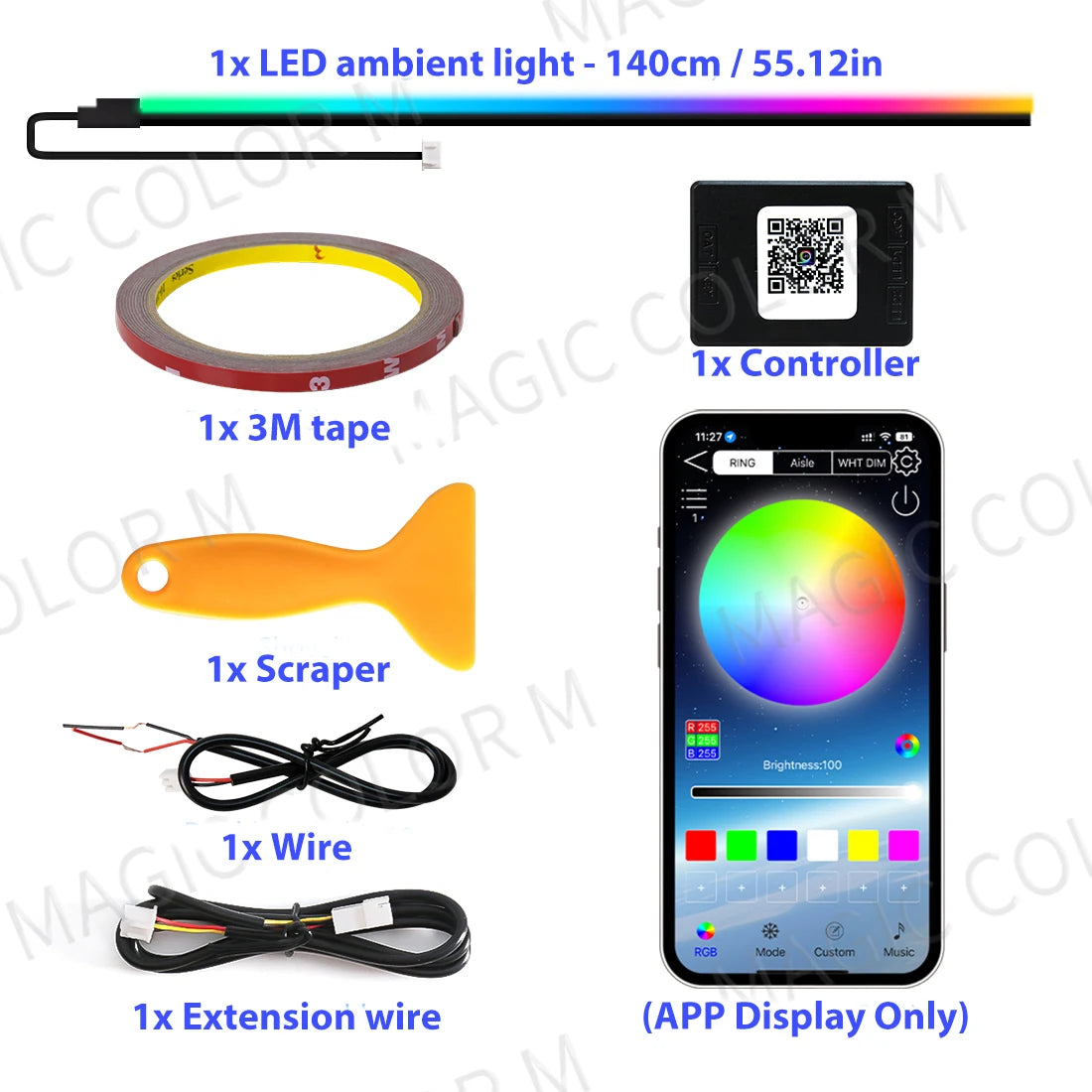 140cm 55.12" Car Ambient Light LED Symphony RGB Interior Acrylic Strips Dashboard Decoration Console Atmosphere Lamp App Control