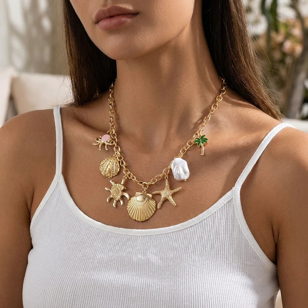Bohemian Ocean Charm Necklace For Women Gold Tone Shell Starfish Palm Tree Pearl Summer Beach Jewelry