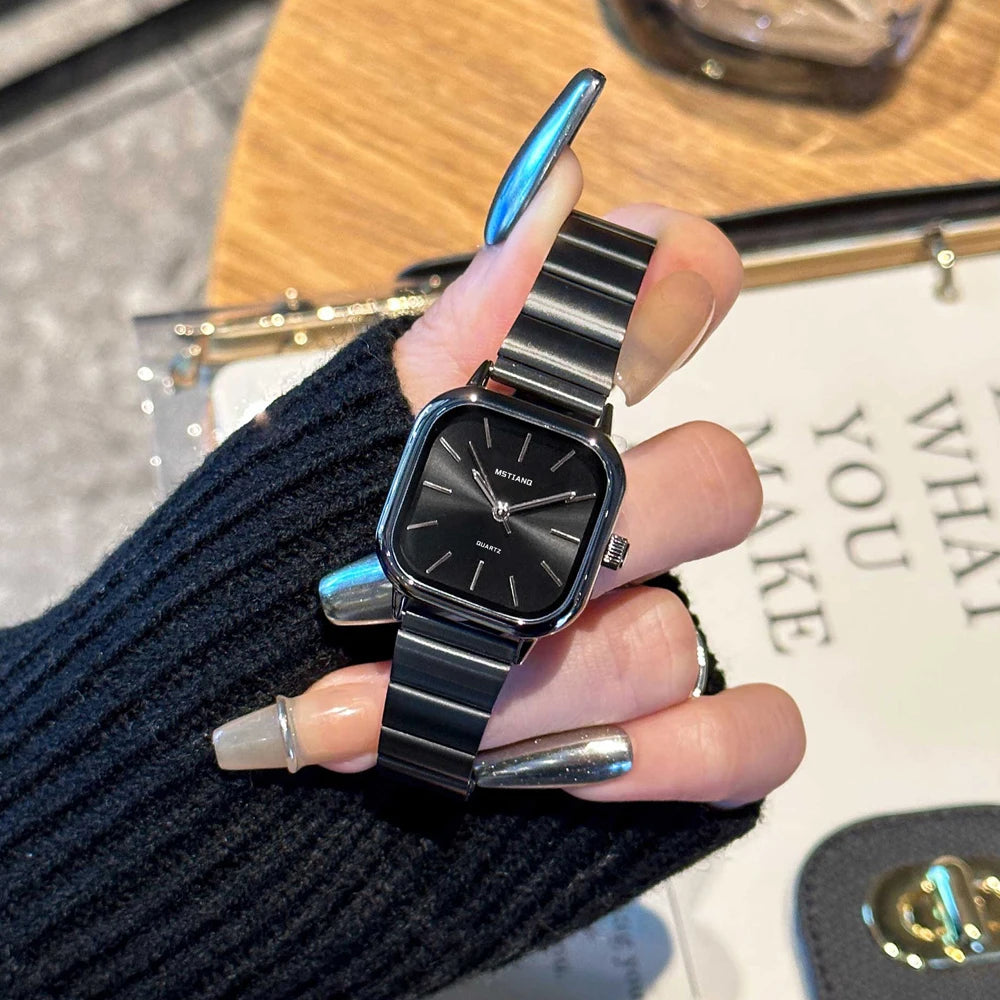 Hot Sale Luxury Brand Black Watch Women Fashion Quartz Watches Ladies Adjustable Stainless Steel Strap Wristwatches Reloj Mujer