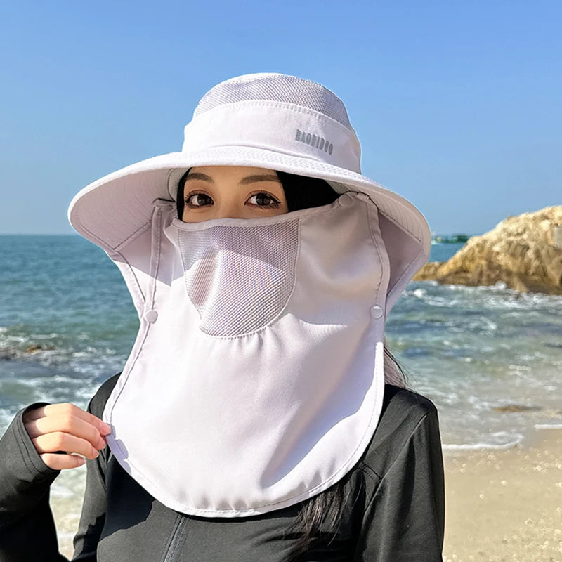 8458 Spring summer Cross border large cape sun block hat fashion face mask fisherman hat with ponytail hole visor hat children