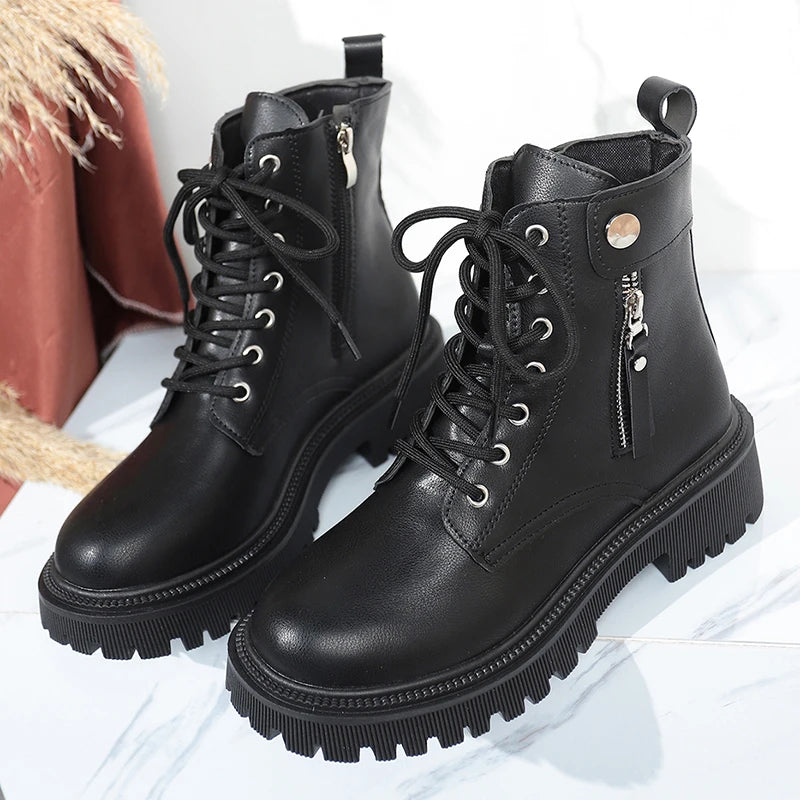 Punk Zipper Decor Platform Ankle Boots for Women Autumn Winter Black Thick Sole Short Booties Mujer Lace Up Pu Leather Boots
