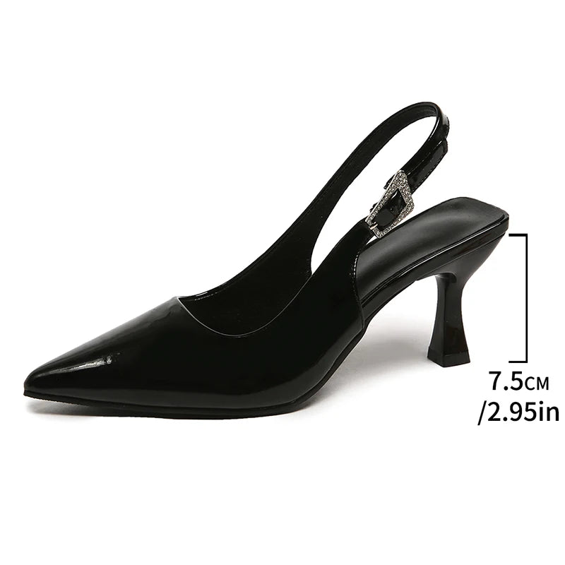 Sexy Black Pointed Toe Stiletto Heel Sandals Women Elegant Crystal Buckle High Heels Dress Shoes Woman Back Strap Mules Shoes