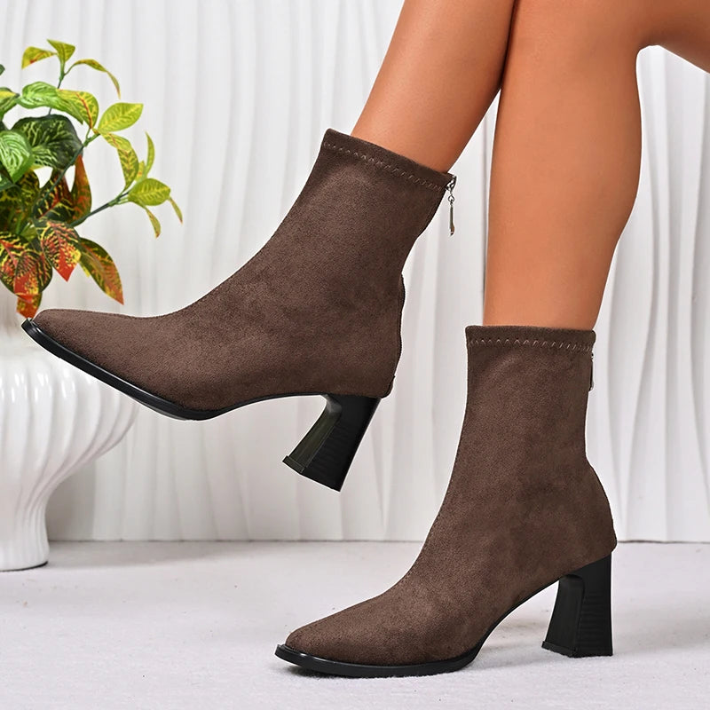 Flock Thick High Heels Ankle Boots Women Plus Size 42 Back Zipper Short Booties Mujer Small Square Toe Fashion Boots Woman
