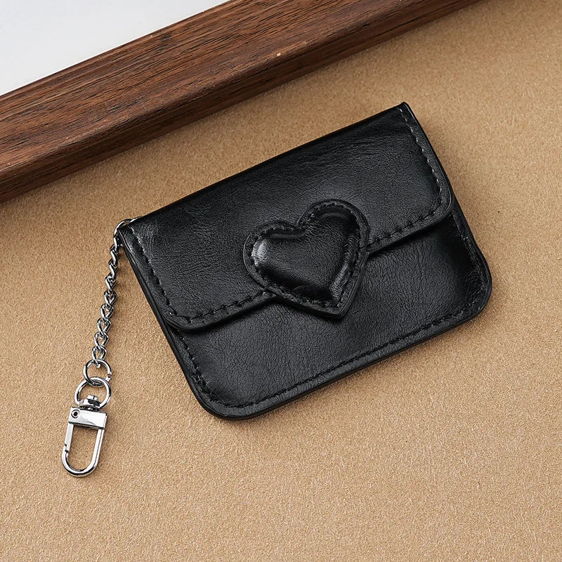 Mini Coin Purse Keychain Wallet Fashion PU Heart Buckle Multi-card Slots Card Holder Pouch Key Storage Bag for Women and Men