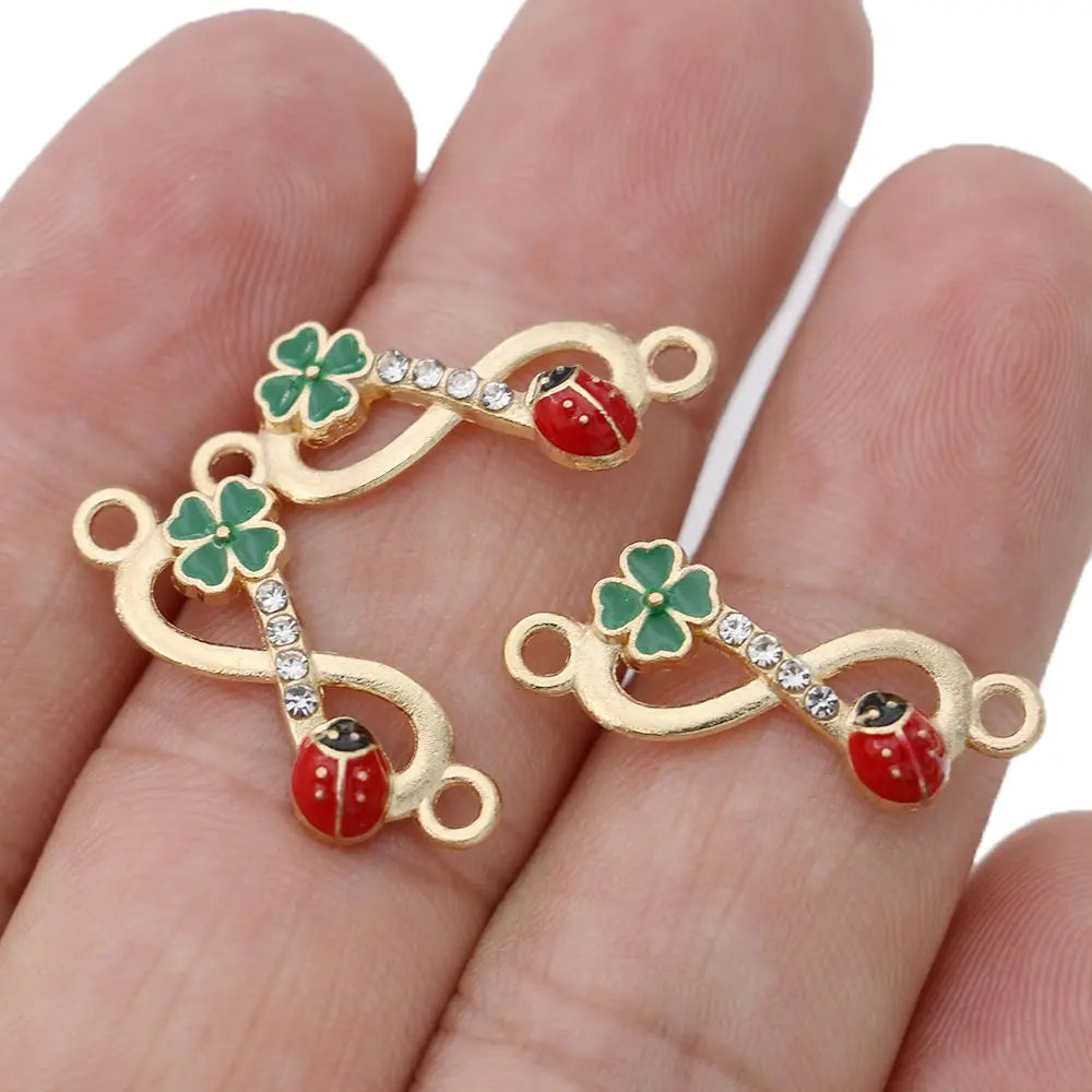 10Pcs Gold Color Crystal Enamel Infinity Beetle Clover Charm Connectors for Jewelry Making Bracelet Accessories DIY Craft