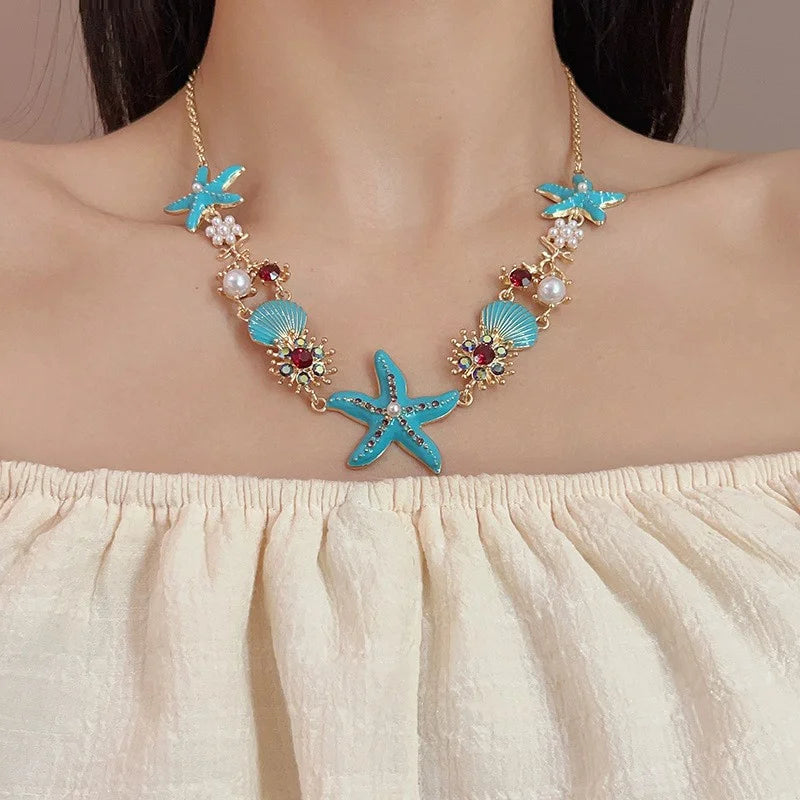Exaggerated Colorful Shell Starfish Pendant Necklace for Women Summer Beach Party Pearl Rhinestone Choker Necklace Y2K Jewelry
