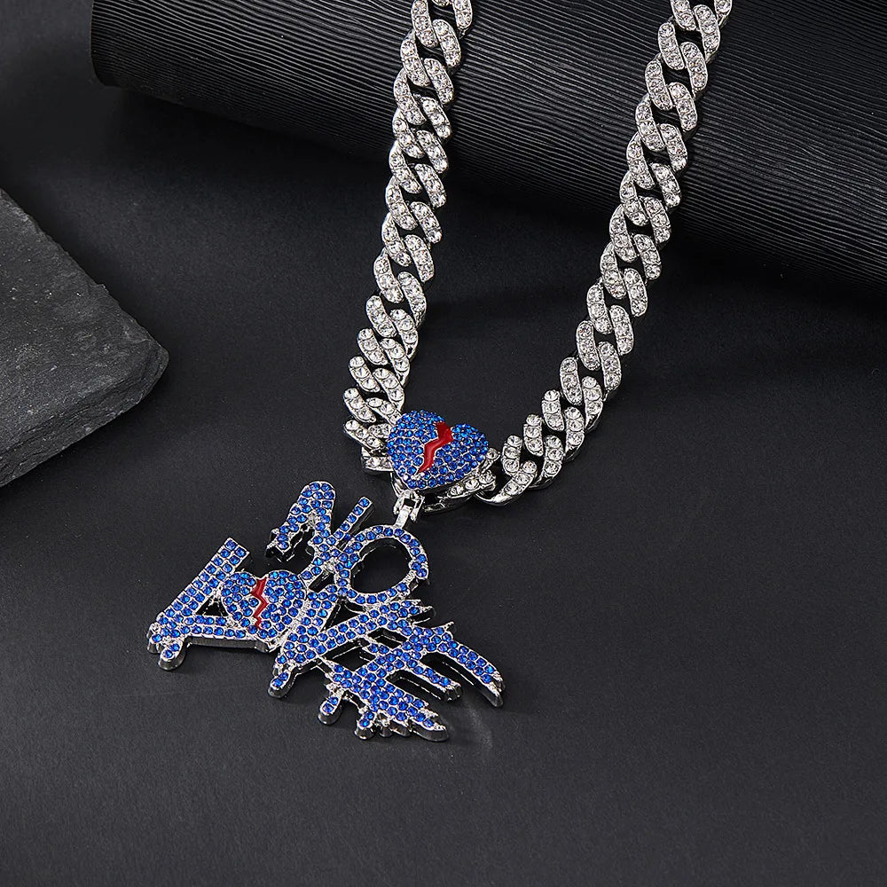 Hip Hop Iced Out Bling Crystal Cuban Chains NO LOVE Necklace Pendants For Men and Women Heart Broke Statement Necklaces Jewelry