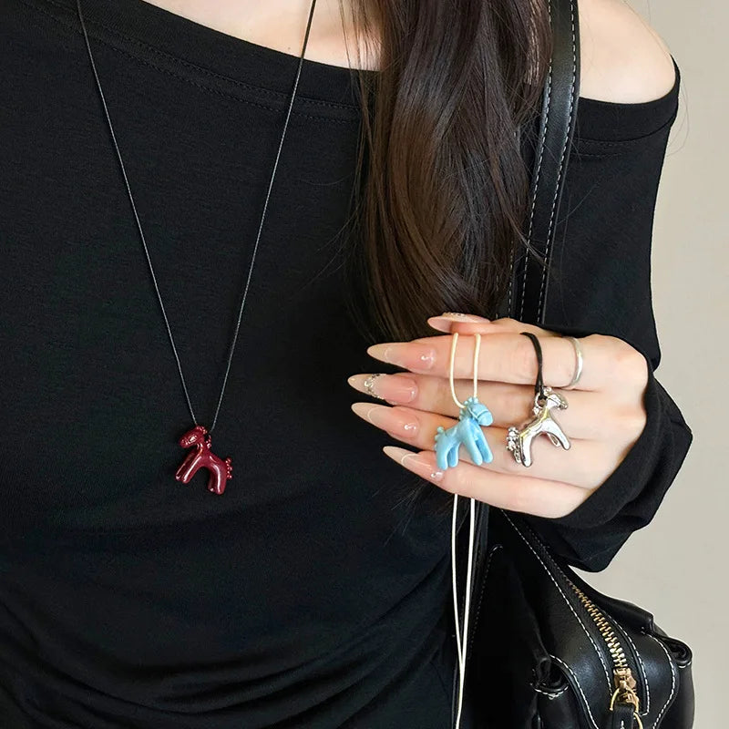 Funny Cartoon Colorful Horse Pendant Necklace for Women Adjustable Black Wax Rope Long Sweater Chain Accessories Fashion Jewelry