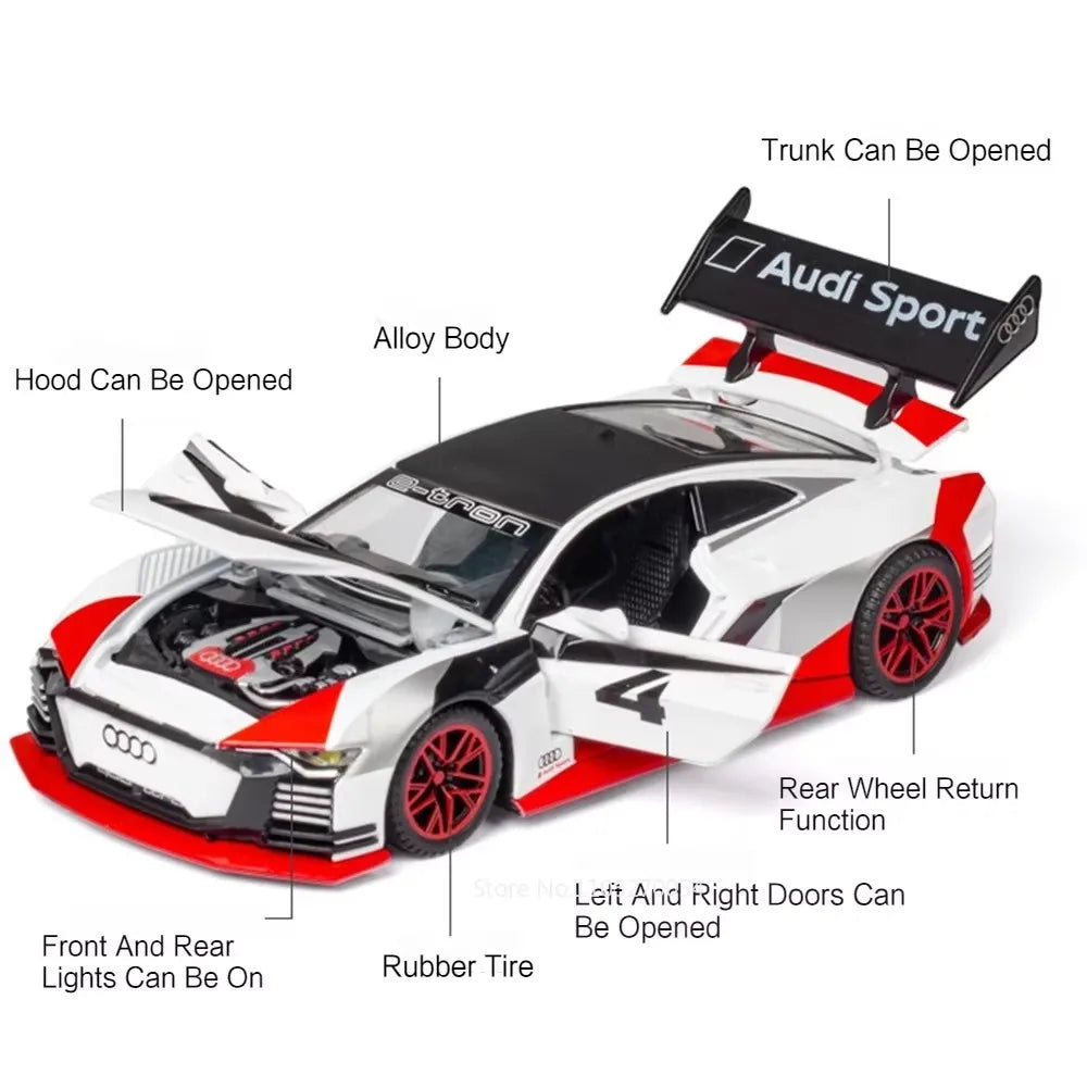 1:32 R8 V10 PLUS E-TRON Car Model Toys Alloy Diecast Vehicles Rubber Tires with Sound Light Pull Back Toy Birthday Gifts for Kid