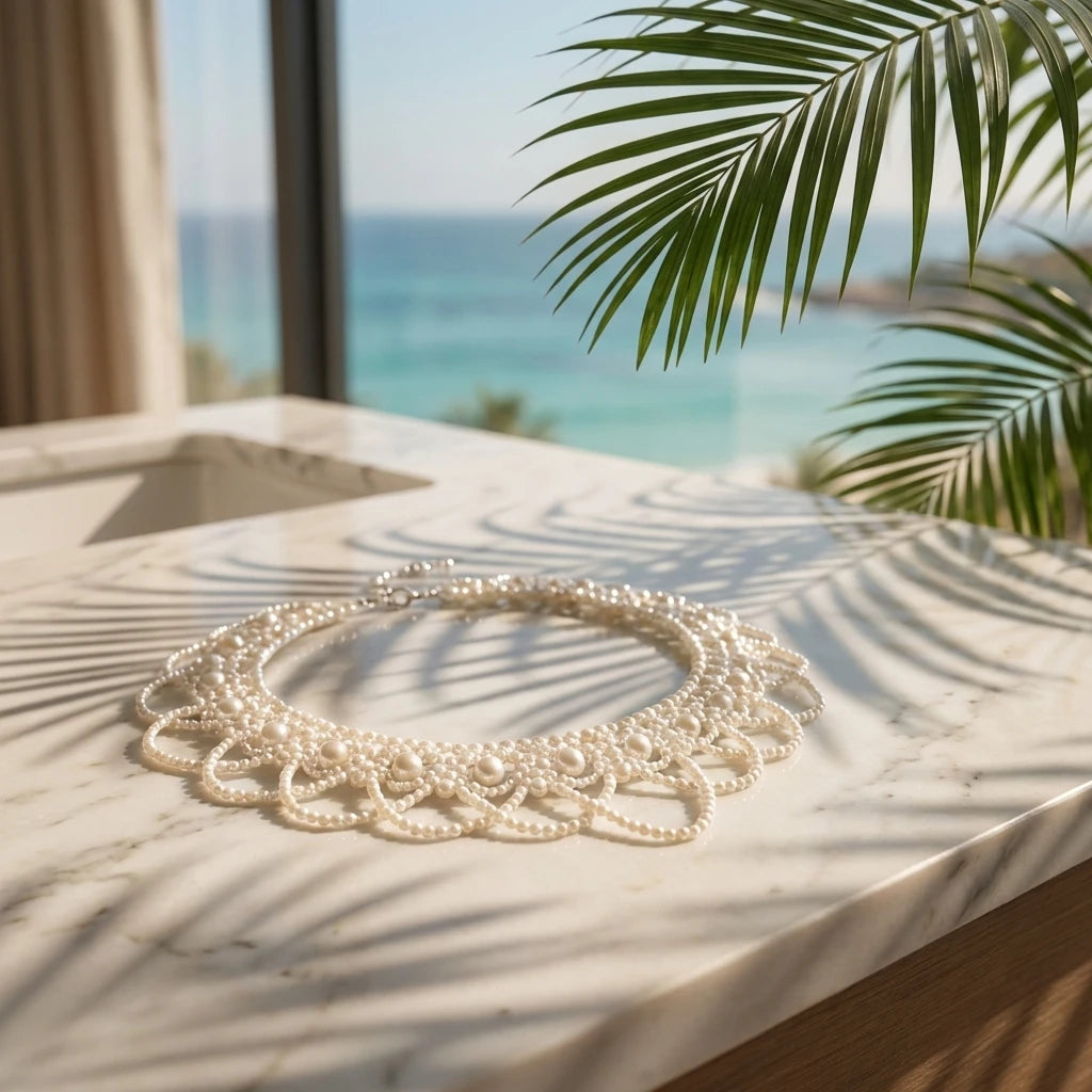 Elegant Faux Pearl Beaded Bib Necklace Boho Statement Choker Fake Collar for Women Summer Beach Bridal Dress Accessories