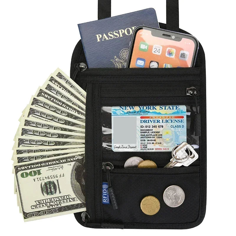 RFID Protection Passport Holder Travel Neck Pouch Anti-theft Wallet Hidden Money Document Card Holder Waterproof Large Organizer