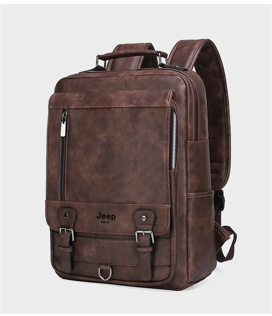 JEEP BULUO Leather Men Backpack Business 15.6" PC Bag Large Capacity Travel Bag