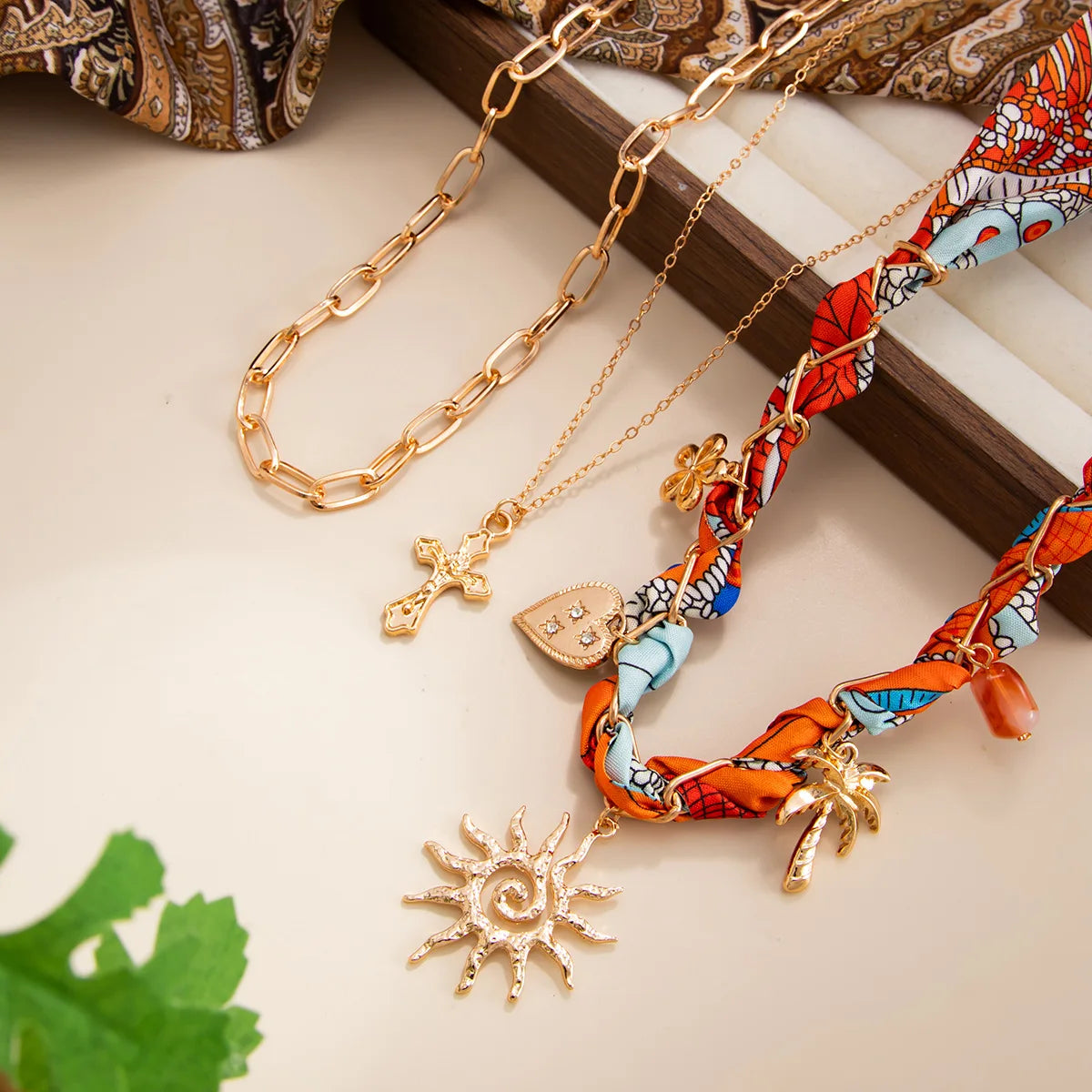 Resort Style Cross Sun Coconut Tree Multi Layer Pendant Necklace for Women Beach Boho Layered Chain Vacation Jewelry Gift