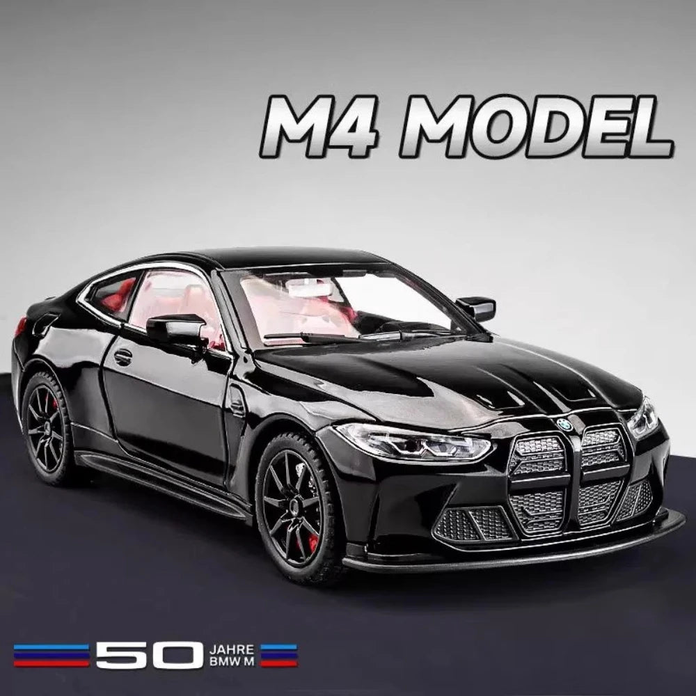 Scale 1/24 M4 Car Model Toy Diecast Alloy Vehicle 4 Doors Opened Metal Body Rubber Tire Sound Light Pull Back Toys Gift for Kids