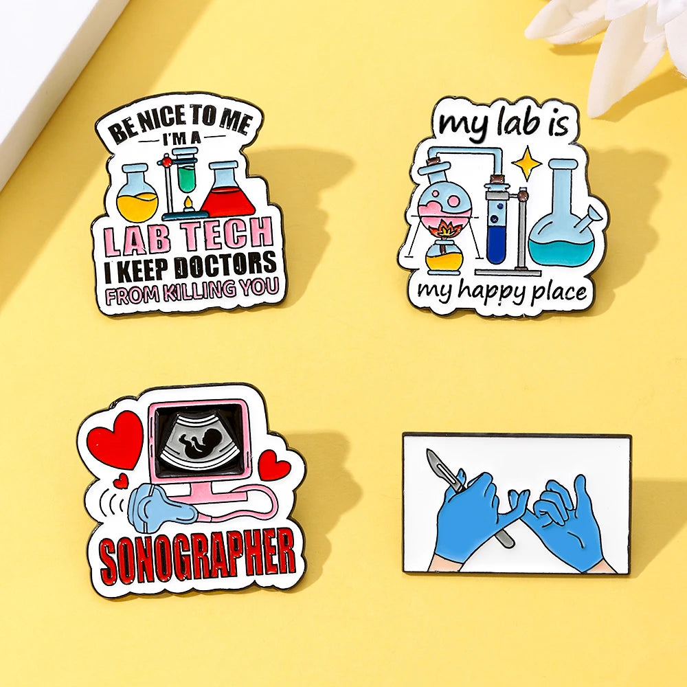 4pcs My Lab Is My Happy Place Sonographer Medical Badge Enamel Pins Pharmacist Jewelry Gift for Doctors Student School Survivor