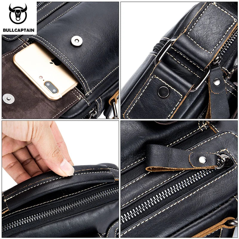 BULLCAPTAIN Casual Fashion Men's Messenger Bag's Business Portable Handbag Man Leather Shoulder Bag Mobile 6.5'' Phone Bags