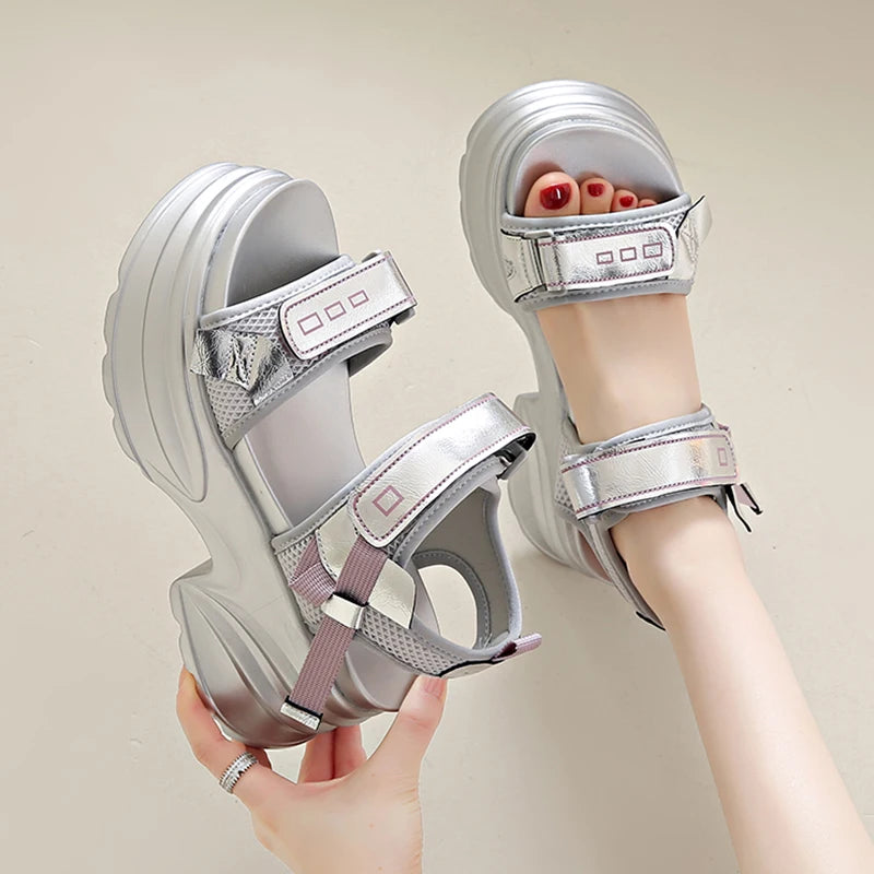 Silver Chunky Platform Sandals for Women Summer Wedge Heels Sport Sandals Woman Comfortable Thick Bottom Casual Sandles Female