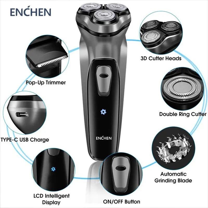 Electrical Rotary Shaver Men 3D Floating Blade Washable Type-C USB Rechargeable