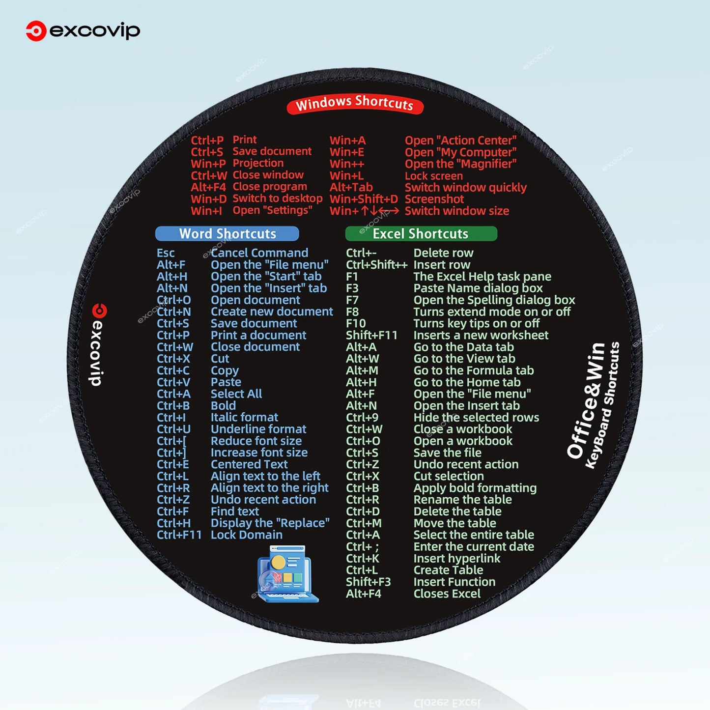 EXCO Shortcuts Mouse Pad for Excel Windows Office Round Mousepad Small with Stitched Edge Non-Slip Rubber Base for Laptop Home