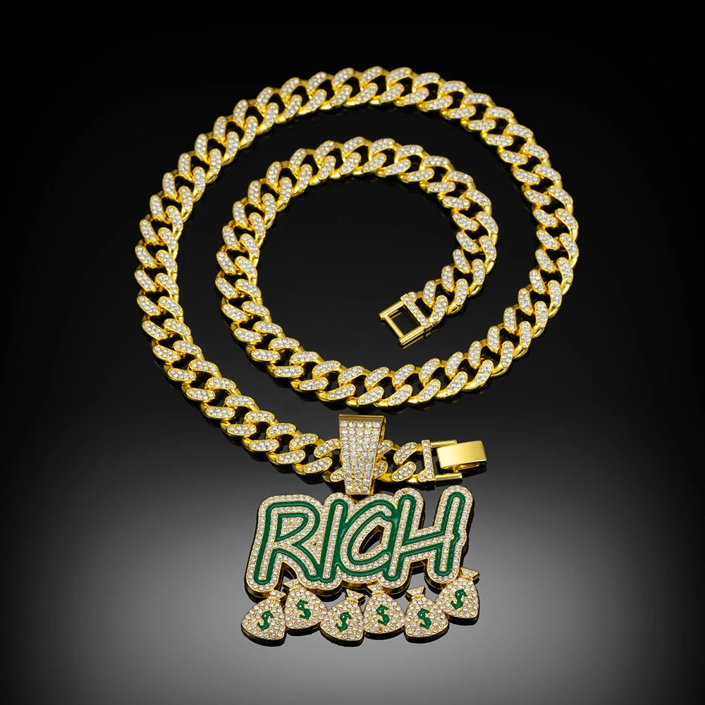 Hip Hop Men Women Become Rich Money Bag Pendant Necklace，With 13mm Miami Cuban Link Chain Necklaces Trendy Dollar Sign Neck Wear