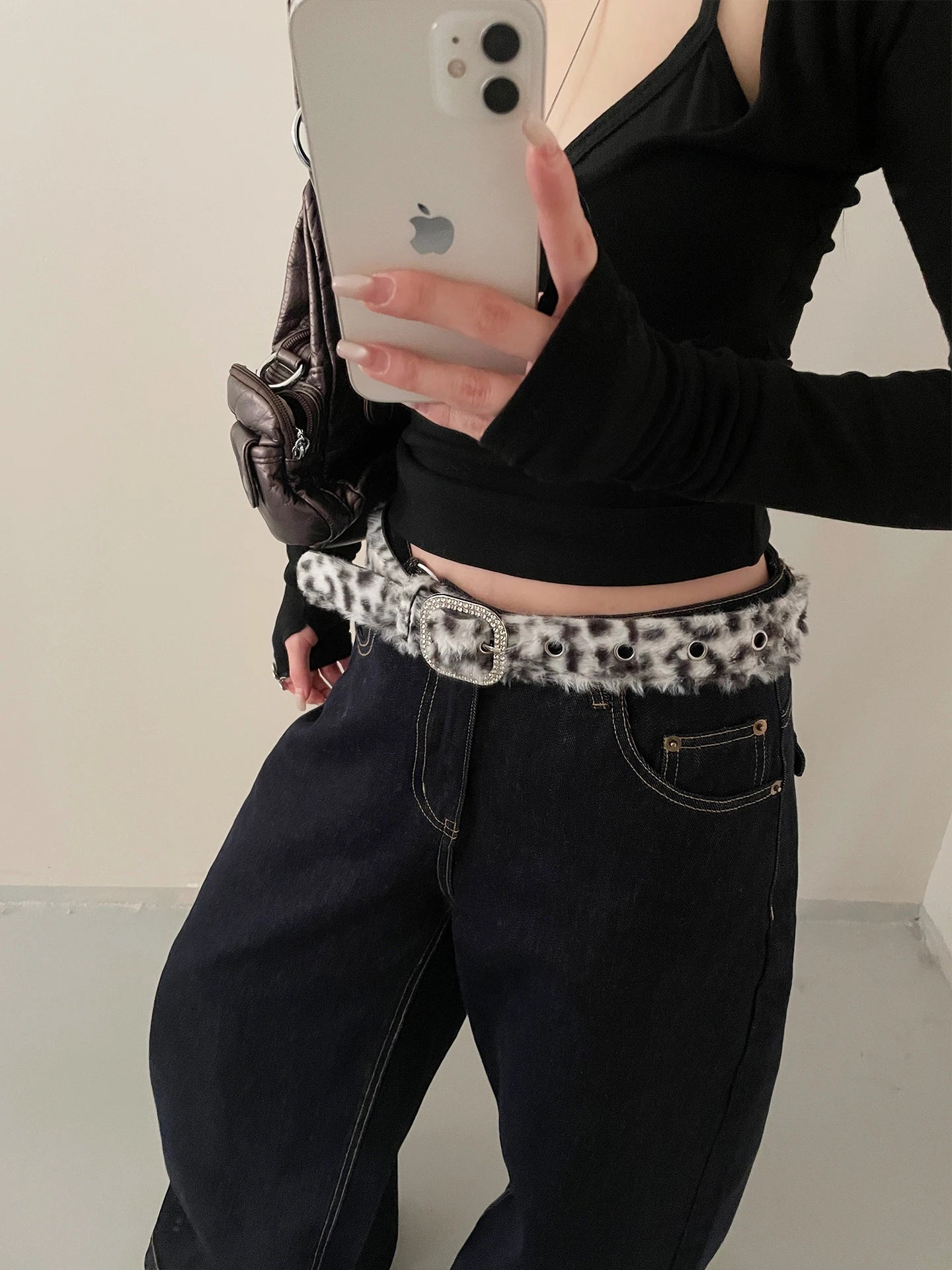 Leopard Print Diamond Studded Faux Fur Belt For Women Versatile Hot Girl Belt With Jeans Belt Decoration