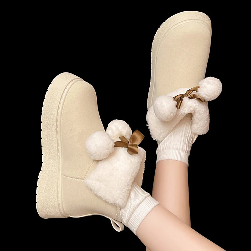 Cute Ball Platform Snow Boots for Women Comfort Thick Bottom Non Slip Fluffy Ankle Boots Woman Slip On Plush Warm Cotton Shoes