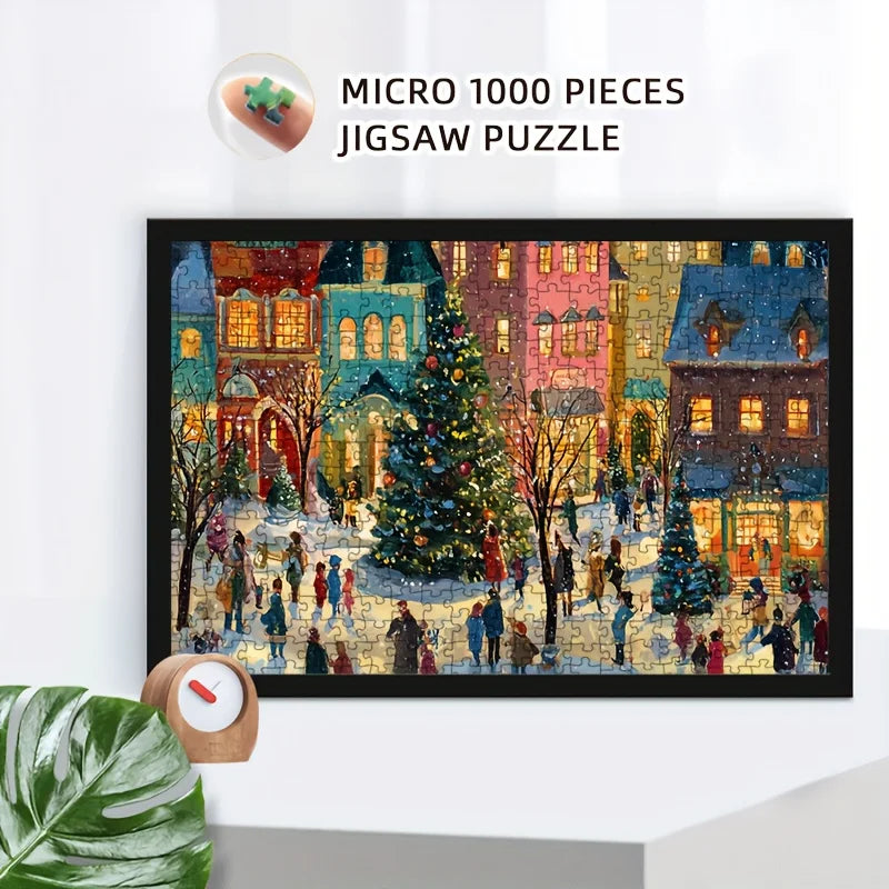 1000pcs Christmas Jigsaw Puzzle 15x10 Inch Winter Scene Snowy Street Christmas Challenge Puzzle for Adult Perfect Christmas Gift