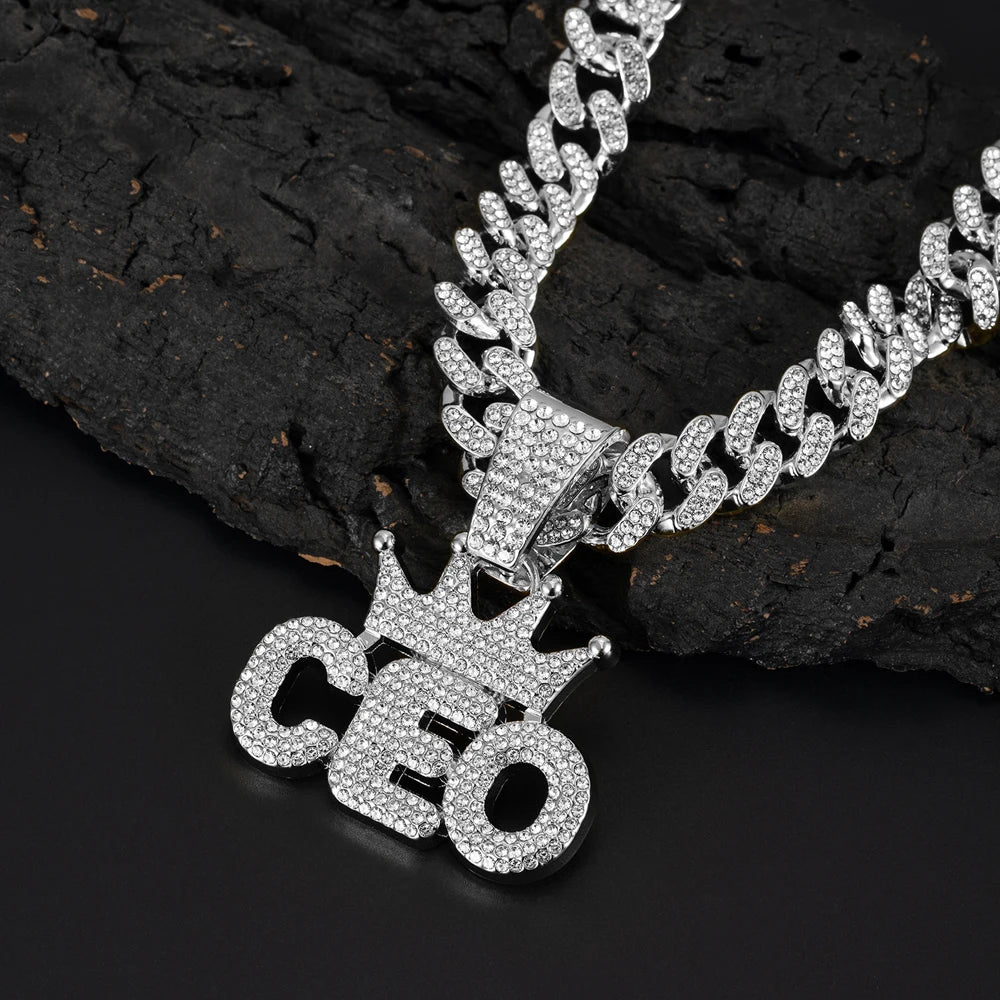 Men Hip Hop Crown CEO Letter Pendant with Cuban Link Chain Necklace For Women Men  Bling Iced Out Rhinestone Necklaces Jewelry