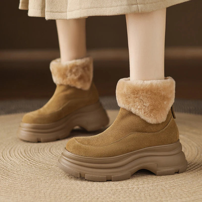 Fashion Faux Fur Platform Ankle Boots Women Back Zipper Warm Long Plush Winter Boots Woman Faux Suede Non Slip Short Booties
