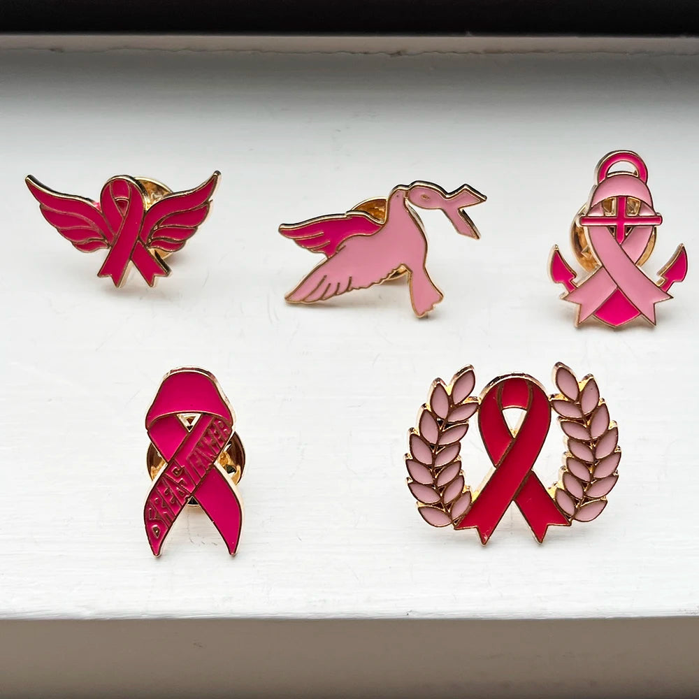 5pcs Pink Ribbon Enamel Pins Set, Breast Cancer Awareness Gifts for Women, Support Survivor Fighter Brooch Badges