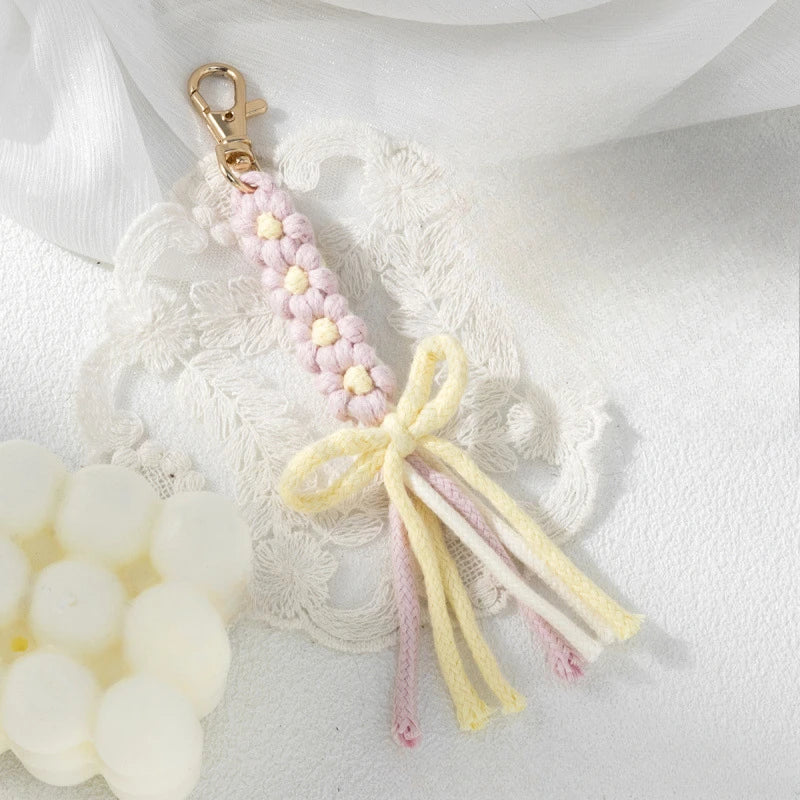 1pc Handmade Yarn Keychain with Tassels - Floral Design, Lobster Clasp, Vibrant Colors, Perfect for Bags Keys and Unique Gifts