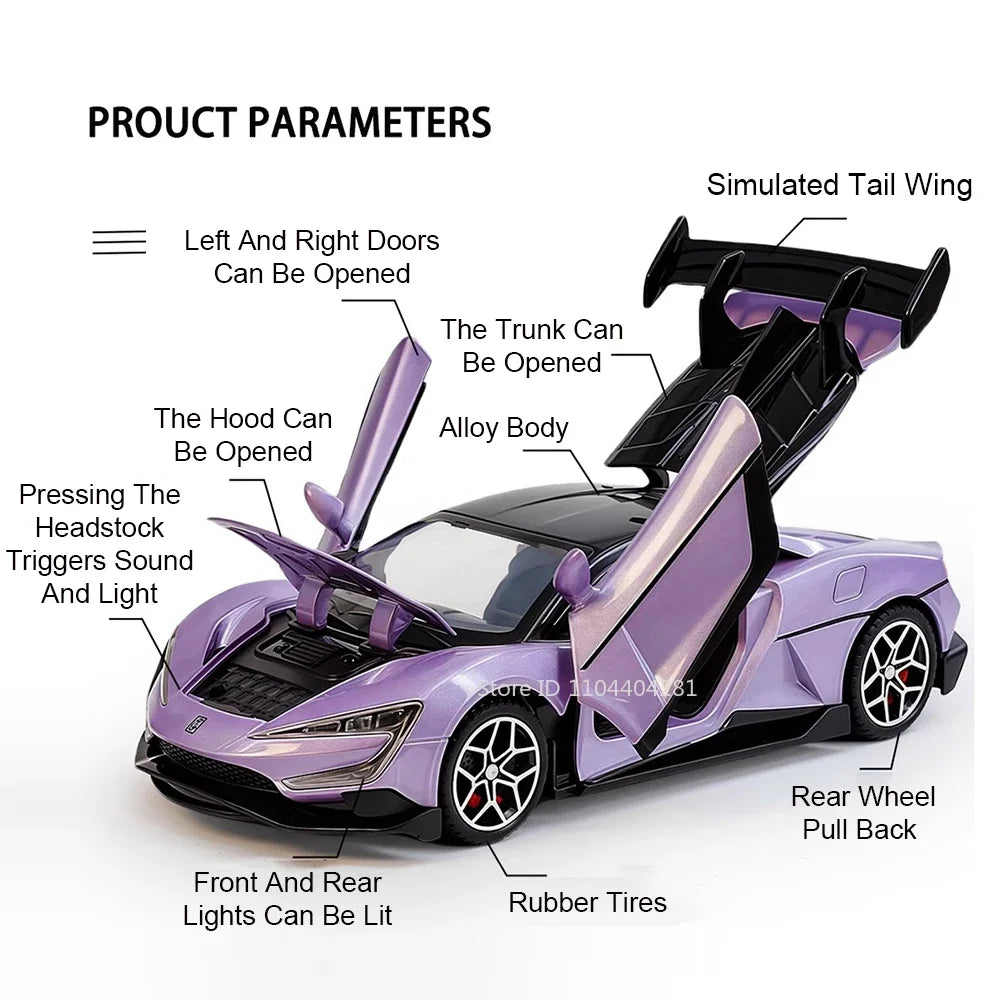 1:32 Eldorado BYD U9 Alloy Sports Car Model Ornament Toy Sound Light Pull Back Doors Opened Miniature Vehcie Boy Collection Gift