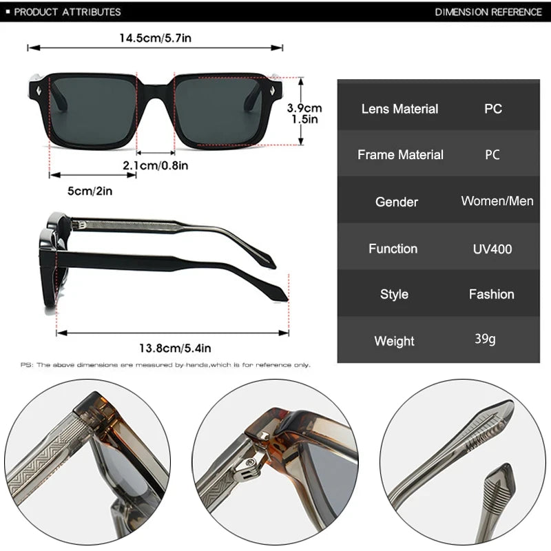 JNPCXI Retro Square Rivets Women Luxury Sunglasses Fashion Dark Green Shades UV400 Trending Men Punk Sun Glasses