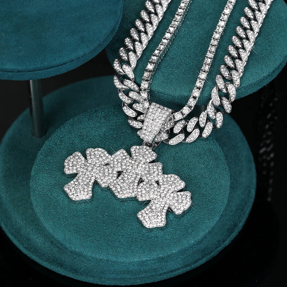 New Hip Hop Stacked Cross Pendant Tennis Chain Necklace,with Cuban Chain Crosses Necklaces Fashion Jewelry,For Men And Women