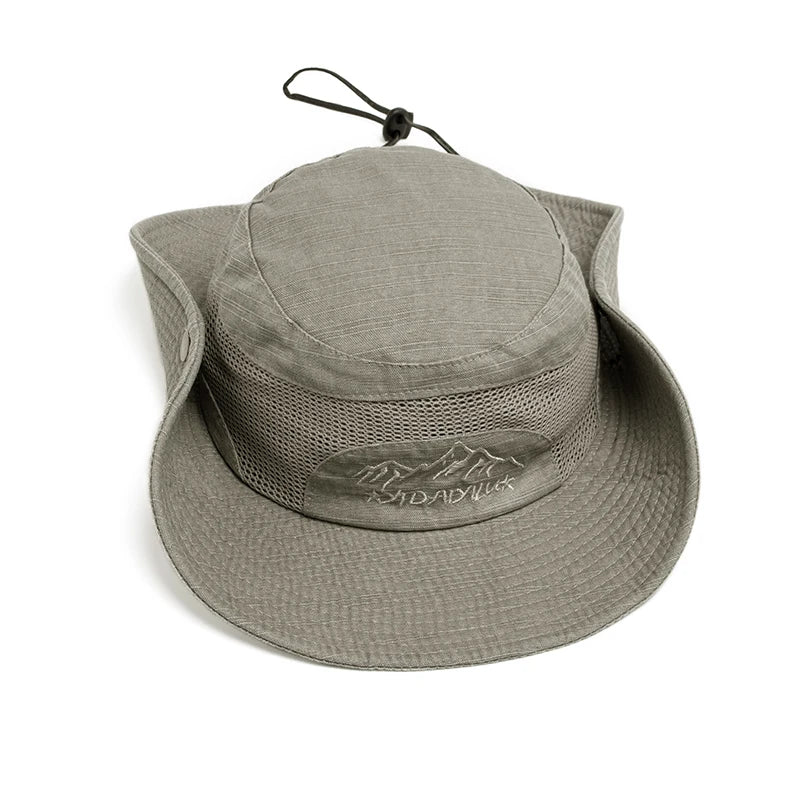 Men Summer Bucket Hat For Outdoor UV Protection Cotton Mesh Cap Panama Jungle Fisherman Hiking Travel Beach With Windproof Rope