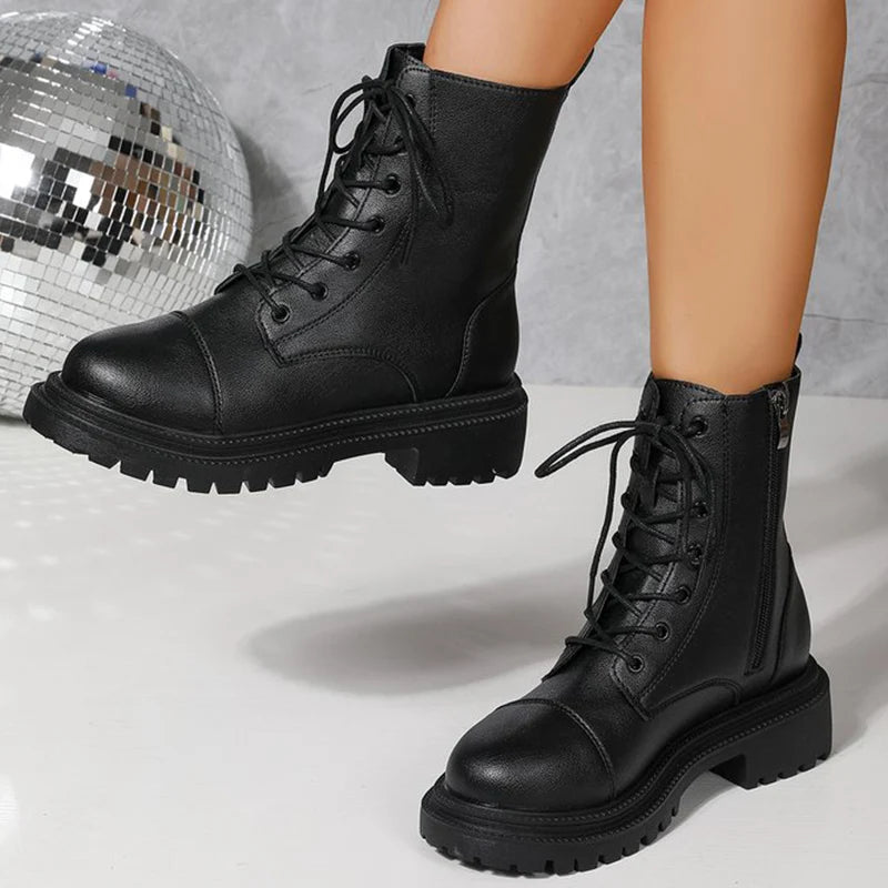 2025 Fashion Leather Lace-Up Ankle Boots for Women Wear-Resistant Zip Platform Woman Bootie Round Toe Zip Women's Boots