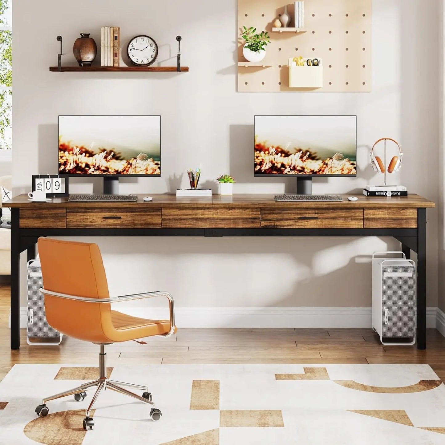 Computer Desk, 200 x 60 x 82 cm, Double Long Desk with 2 Drawers, Office Table