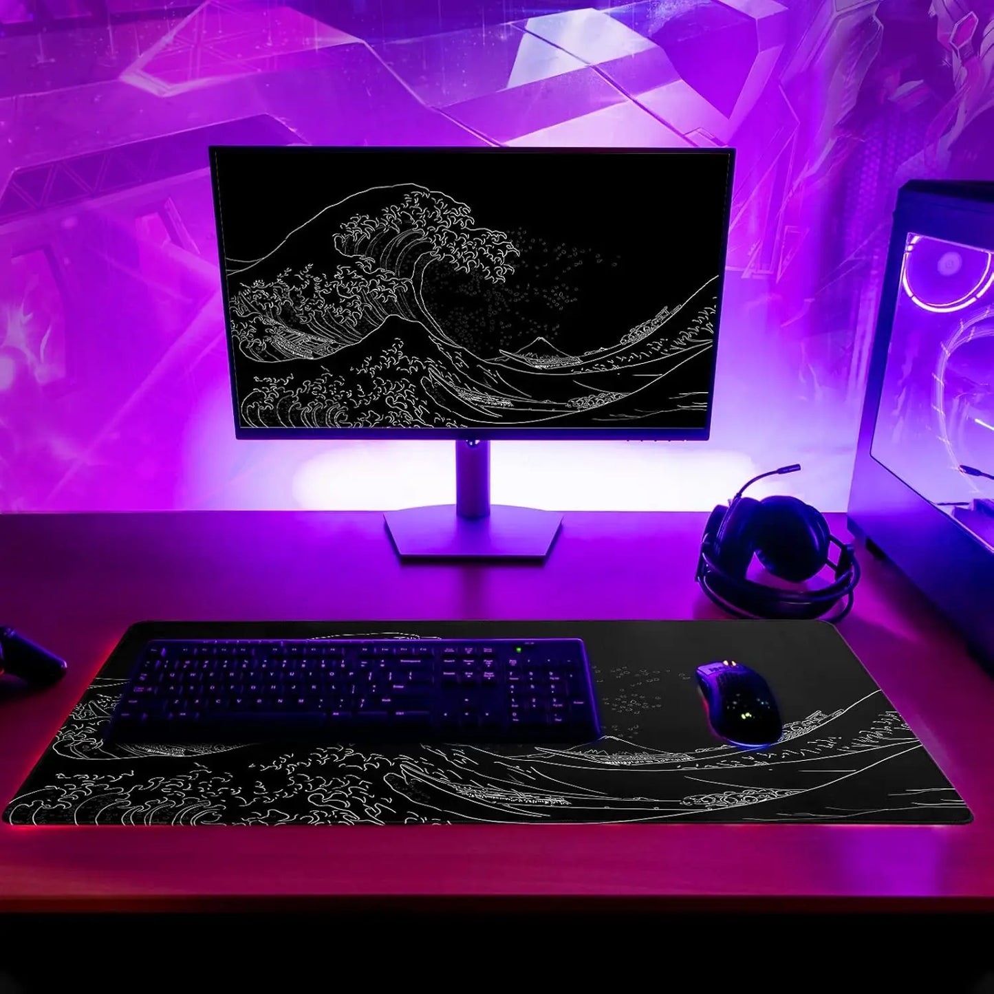 Japanese Sea Wave Large Mouse Pad, Anime Black Gaming, Extended Mat Desk Pad, 3mm Thick Long Non-Slip Rubber Base Mice Pad