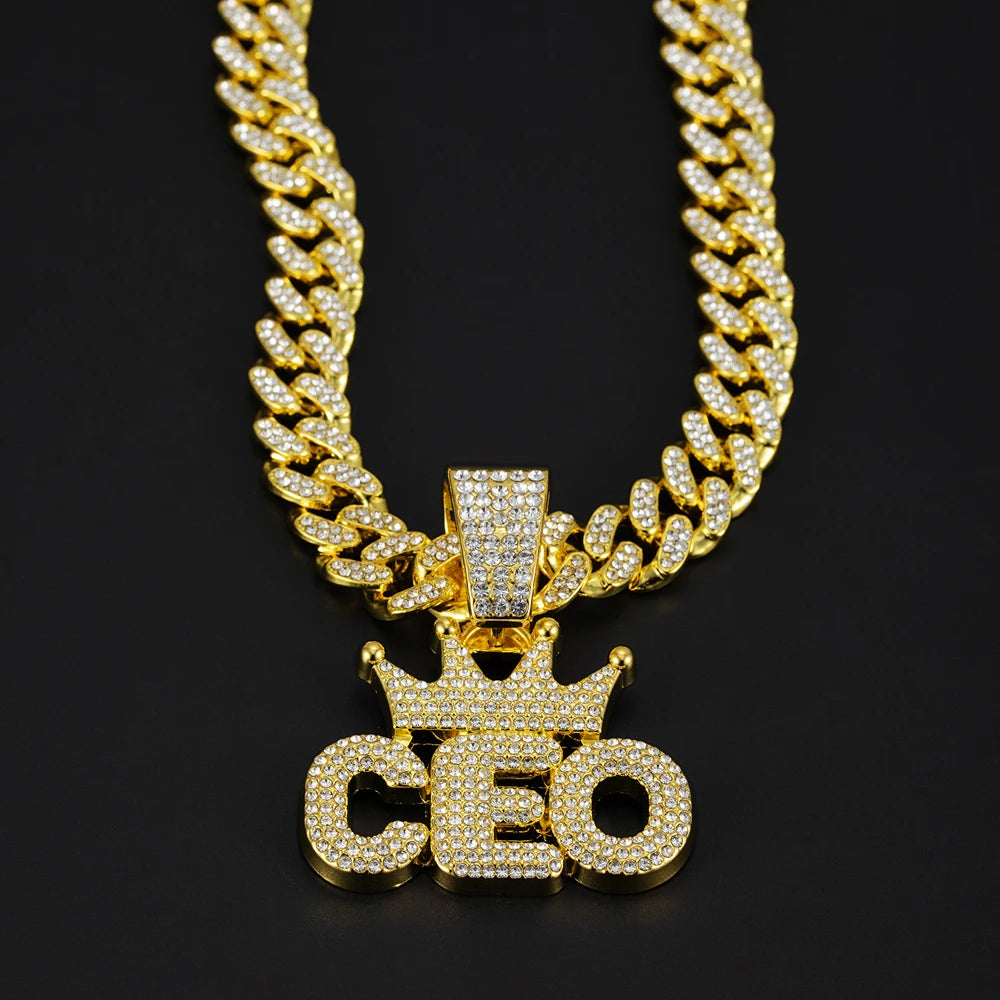 Men Hip Hop Crown CEO Letter Pendant with Cuban Link Chain Necklace For Women Men  Bling Iced Out Rhinestone Necklaces Jewelry