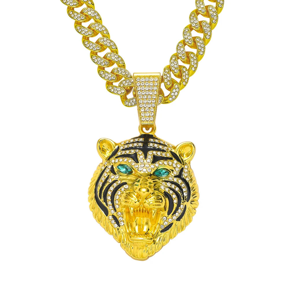 Men Hip Hop 3D Tiger Pendant Necklace with 13mm Crystal Cuban Chain Iced Out Bling Necklaces HipHop Women Fashion Charm Jewelry