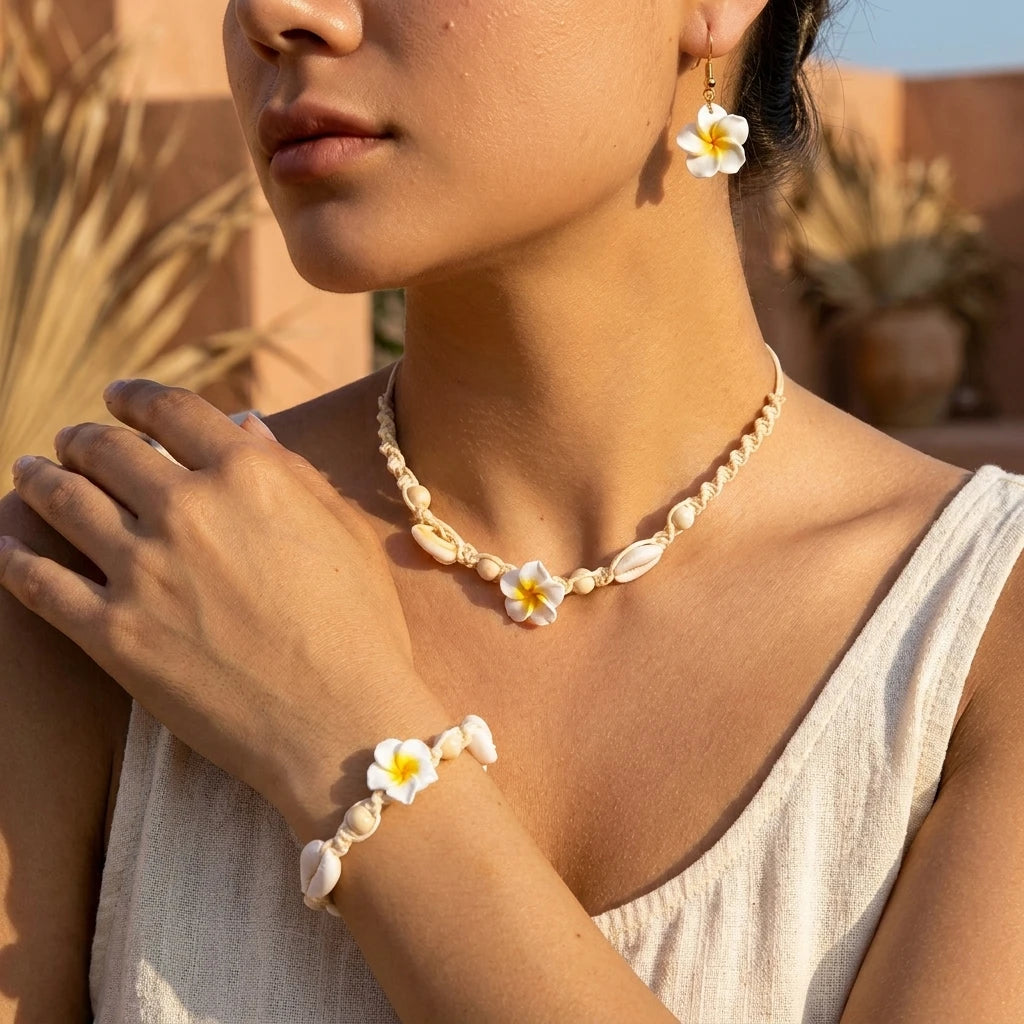 Boho Hawaiian Plumeria Flower Jewelry Set for Women Polymer Clay Cowrie Shell Choker Necklace Woven Bracelet Earrings Vacation
