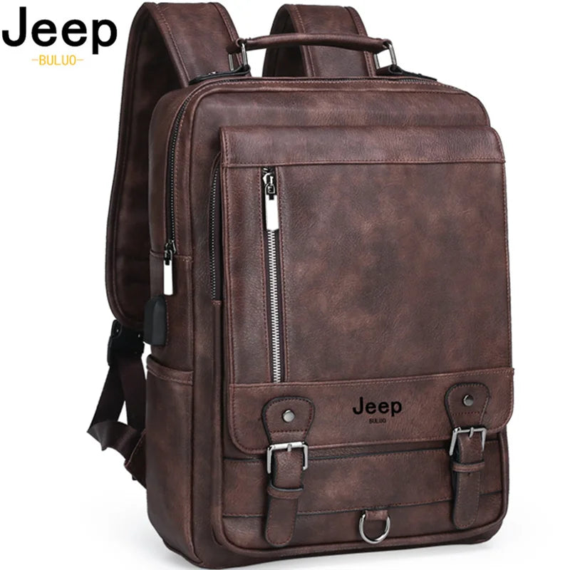 JEEP BULUO Leather Men Backpack Business 15.6" PC Bag Large Capacity Travel Bag