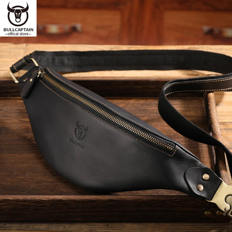 BULLCAPTAIN Men's Crazy Horse Leather Belt Bag Classic Retro Crossbody Bag Outdoor Storage Mountaineering Mobile Phone Bag