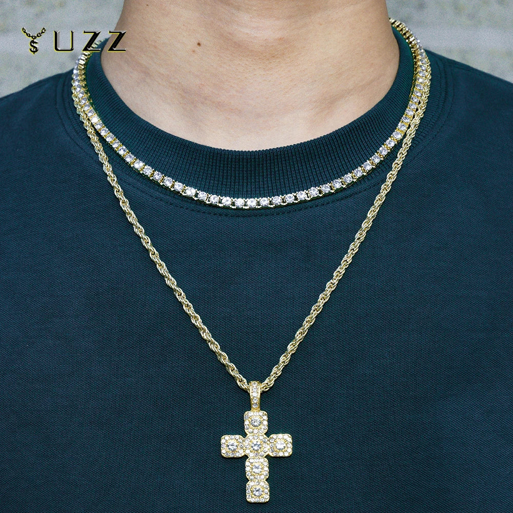 New Hip Hop Cross Pendant Necklace Strap Men 4mm Rhinestone Tennis Chain Iced Out Necklace Punk Jewelry Women Fashion Gift