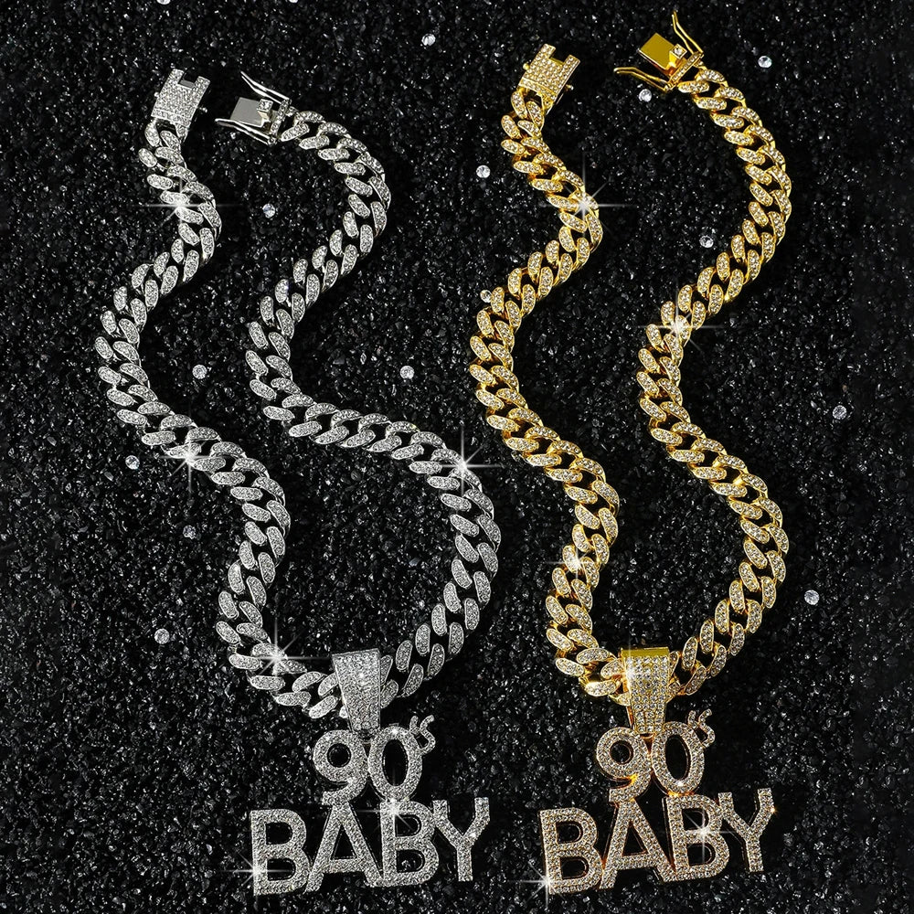 Men Women Hip Hop Full Rhinestone 90 BABY Letter Pendant Necklace Cuban Chain HipHop Iced Out Bling Necklaces Charm Jewelry Gift